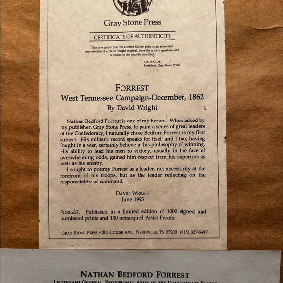 435/1000 David Wright Nathan Bedford Forrest Framed Print w/Cert of Authenticity - Picture 3 of 5